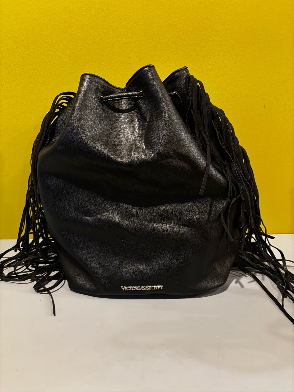 Victoria's Secret Black Fringe Drawstring Bucket Bag